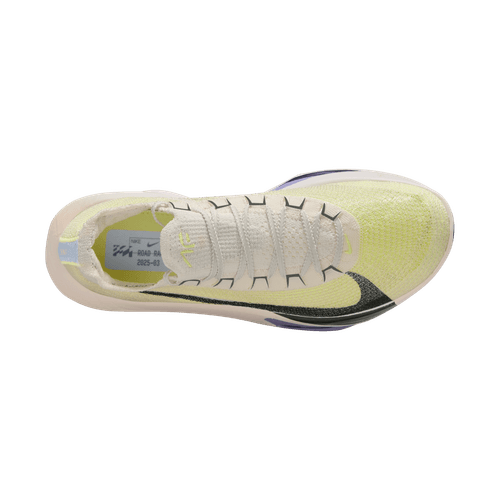 Topbillede af Nike Alphafly Next% 3 Herre i Phantom/Sequoia-Ultralime-Citron Tint: en let løbesko med en lysegul overdel, hvide snørebånd, sort swoosh og cremefarvet sål med en diskret lilla accent på siden.