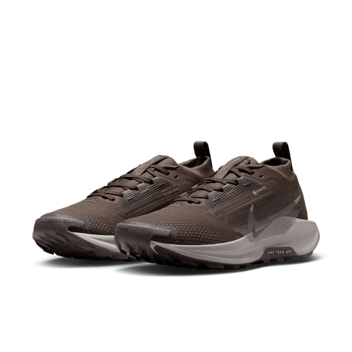 Et par Nike Pegasus Trail 5 Gore-Tex Dame løbesko i Ironstone/College Grey-Velvet Brown med en struktureret overflade, lavt design, hvide såler og diskret logo på siden; disse vandtæt løbesko er vist vinklet lidt til venstre.
