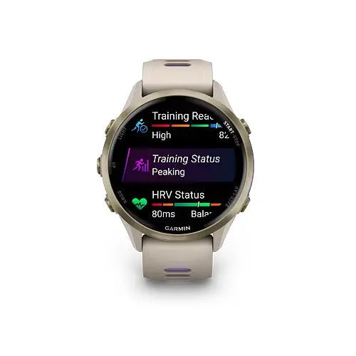Garmin Forerunner 970 i French Grey/Translucent Indigo er et GPS-smartwatch med et rundt display, to sideknapper og visning af træningsberedskab, peaking-status og afbalanceret HRV.