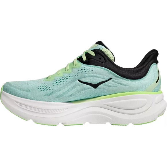 Hoka Bondi 9 herre løbesko i Luna Moth / Blue Spark vises fra siden mod en hvid baggrund med sort indersål, hvide komfortsåler og sorte detaljer.