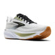 Billedet viser en Brooks Ghost 17, Herre løbesko i White/Black/Tea- en sportssko med en overvejende hvid overdel med sorte snørebånd, olivengrønne detaljer, lysegrå detaljer og en brun ydersål - designet til komfort på hver eneste løbetur.