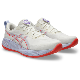 Asics Gel-Cumulus 27 Tokyo løbesko herre i Cream/Edo Purple har stødabsorbering, snørelukning og ASICS-logo på siden.