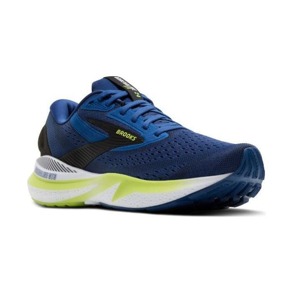 Brooks Adrenaline GTS 24, Herre, i Navy Peony/Black/Acid Lime har hvid mellemsål og ydersål i struktureret gummi for stabilitet, vist i en trekvart vinkel på en almindelig hvid baggrund.