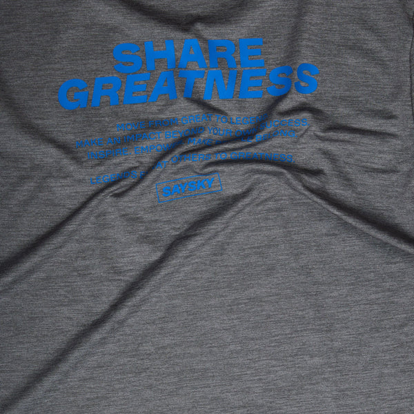 Et nærbillede af Statement Pace T-Shirt, Herre, Grey fra Saysky - en grå, hurtigtørrende løbe-T-shirt med blå tekst SHARE GREATNESS og motiverende budskaber samt en rektangulær boks med Saysky-logo.