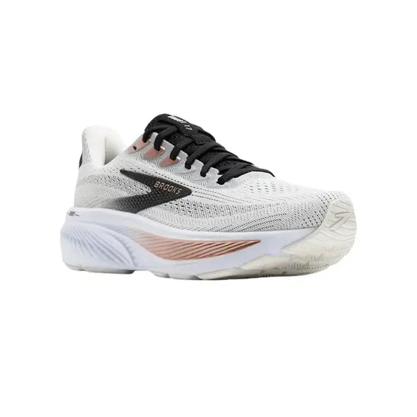 Brooks Ghost 17 løbesko dame har et hvidt/sort/rosaguld design med en lysegrå mesh-overdel, sort pløs og snørebånd, rosaguld accenter og en tyk hvid sål med plys DNA LOFT v2-støddæmpning for komfort.