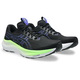 Et par Asics GT-2000 14 løbesko herre i Black/Cobalt Burst med sort overdel, blå detaljer og et mønstret sidedesign er placeret side om side på en hvid baggrund.
