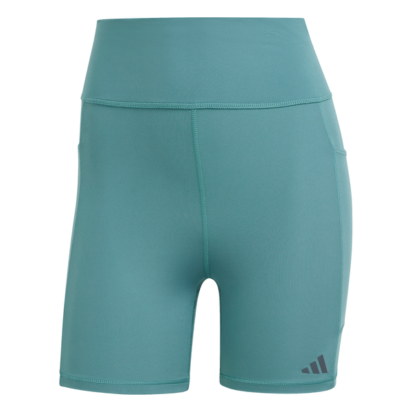 Adidas OTR Short Tights 6" til kvinder i PRETEA har et højtaljet design, sidelommer og et lille logo nederst på venstre ben - ideelle træningstights til en aktiv livsstil. Vises på en hvid baggrund.