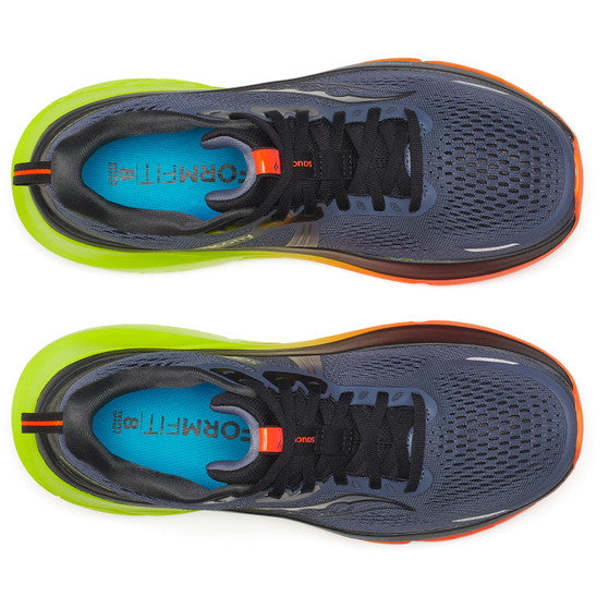 Topbillede af Saucony Guide 18 Herre i Shadow/Vizi: grå løbesko med sorte snørebånd, blå indlægssåler og uens såler - den ene hæl lysegrøn, den anden orange - vist side om side.