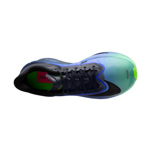 Et topbillede af Nike Zoom Fly 6 GLAM herresko i Dark Obsidian/Black-Racer Blue viser et gradientdesign, sorte snørebånd og tunge, en lysegrøn patch på sålen nær tåen og responsiv ZoomX-skum.