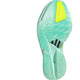 Undersiden af Adidas Adizero Adios Pro 4 Dame i Semi Flash Aqua/Lucid Lemon/Mint Ton har en struktureret sål, sorte støtteelementer og et gult Continental-gummigreb nær tåen til maratonløb.
