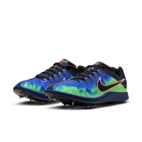 Nike Rival Distance "GLAM" unisex løbesko har en blå og grøn gradientoverdel, sorte snørebånd, sorte såler med metalpigge samt en orangefarvet Swoosh. Ideelle som træningssko til din næste træning.