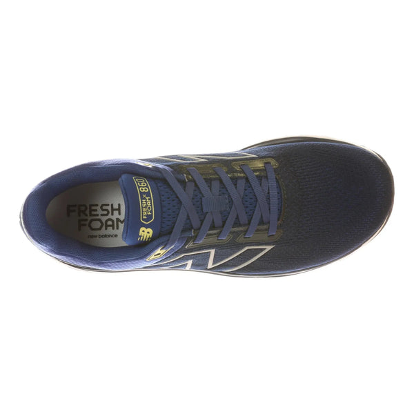 New Balance Freshfoam 860 V14, Herre, Blue Gemstone set oppefra - en sportssko med sort mesh-overdel, blå snørebånd og FRESH FOAM-indlægssål, designet som en stabil løbesko til løbere, der har brug for støtte til overpronation.