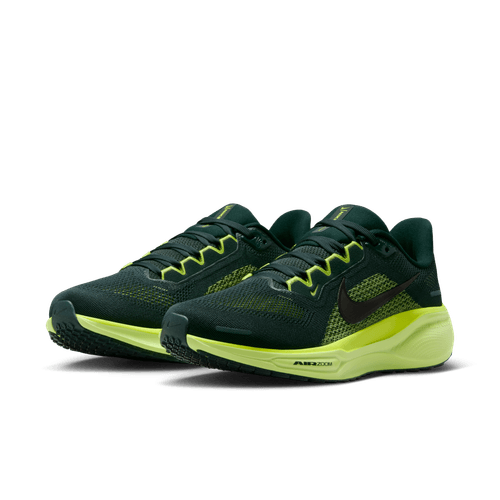 Et par Nike Pegasus 41 Dame løbesko i Seaweed/Black-Cyber-Lt Lemon Twist med overdel i mesh og tykke gule React-skumsåler, vist på en almindelig lys baggrund.