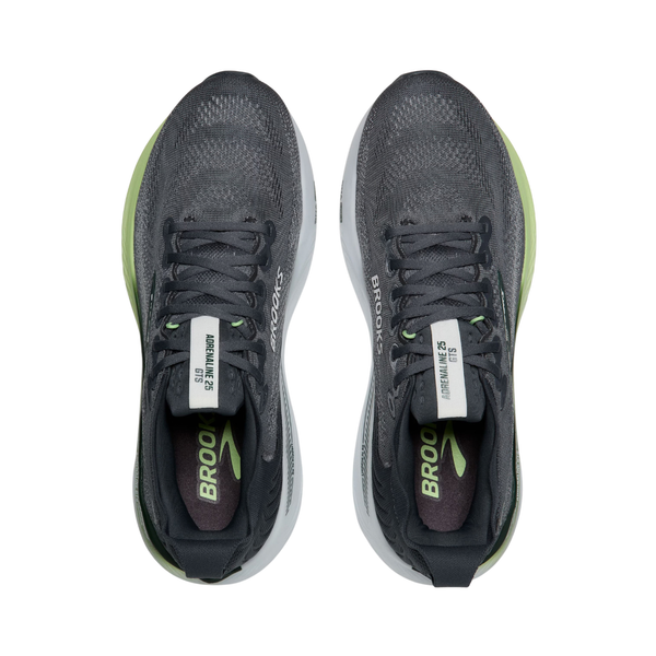 Et par Brooks Adrenaline GTS 25 Herre i farvekombinationen Grå/Paradise Green/Spruce, set ovenfra, med synligt »BROOKS«-logo på indersålerne og siderne, hvide mellemsåler, lysegrønne ydersåler og mærkater på tungen.