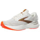 Brooks Adrenaline GTS 24 løbesko herre i Coconut/Portabella/Orange har en hvid bund med orange og brune detaljer, en orange sål, en brun stribe og gul Brooks-branding ved snørebåndene. Designet til stabilitet.