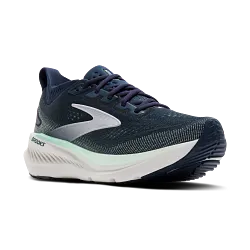 En enkelt Brooks Glycerin GTS 23 dame løbesko i Spellbound/Yucca/Pink, designet til stabilitet, vises fra siden med en hvid sål og lysegråt logo på en almindelig hvid baggrund.