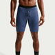En person er iført blå Nike Dfadv Aroswft Bf Htight løbetights (Herre, Game Royal/Diffused Blue/Obsidian/Black) med blå ribbede shorts og sorte Nike-sokker. Billedet er beskåret fra midt på torsoen til lige under knæene.