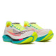 Saucony Endorphin Elite 2 Unisex i White/Mutant har en overdel i mesh, neongule snørebånd, blå og neongule såler, røde, pink og sorte detaljer samt en tyk, buet sål til løb.