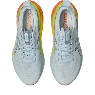 Topbillede af Asics Gel-Kayano 32 herre løbesko i Sky/Lemon Spark med orange/gule gradientsåler, hvide snørebånd og orange ASICS-logoer på tungen og indersålen.