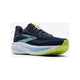 Brooks Ghost 17 til herrer i Peacoat/Lime/Blue giver komfort og stabilitet i marineblå med lyseblå og limegrønne detaljer og en tyk hvidblå sål, vist på en almindelig hvid baggrund.