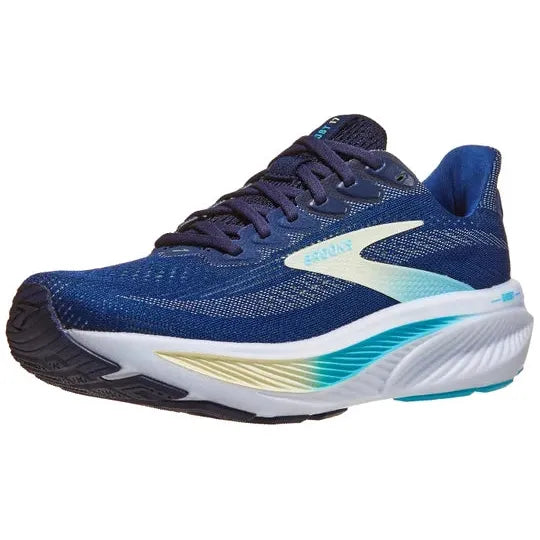 Brooks Ghost 17 Dame i Navy/Green/Turquoise har en polstret DNA LOFT v2-sål, overdel i mesh, mørkeblå snørebånd og stilfulde gradient-accenter - perfekt til løbere, der søger komfort og støtte.