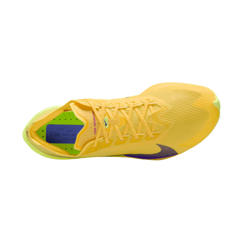Topbillede af en Nike Vaporfly Next% 4 Dame løbesko i Citron Pulse/Indigo Burst-Laser Orange med lilla swoosh, limegrøn hæl og indersål og gule snørebånd - perfekt til kvindelige løbere. Udstillet på en almindelig hvid baggrund.