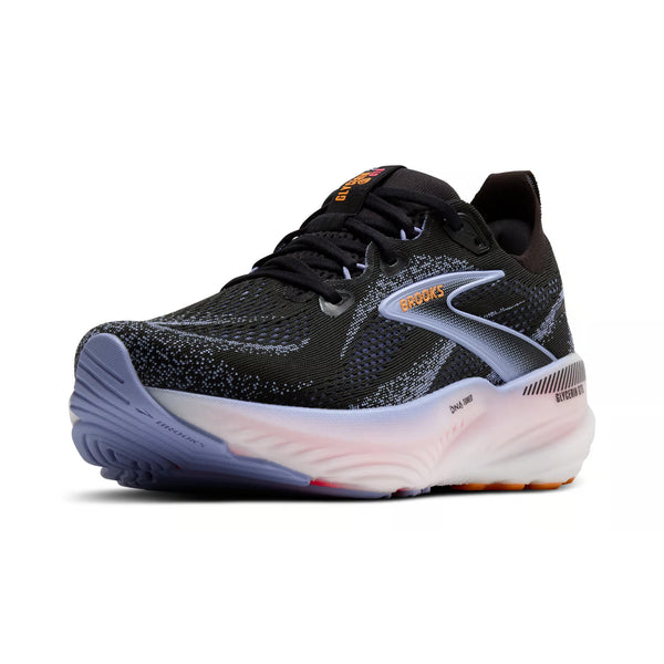 Brooks Glycerin GTS 22 Dame i Black/Blue Heron/Orange har en overdel i sort mesh med hvide prikker, lyseblå sål, orange snørebånd og en tyk, polstret mellemsål, der giver komfort og ydeevne.