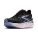 Brooks Glycerin GTS 22 Dame i Black/Blue Heron/Orange har en overdel i sort mesh med hvide prikker, lyseblå sål, orange snørebånd og en tyk, polstret mellemsål, der giver komfort og ydeevne.