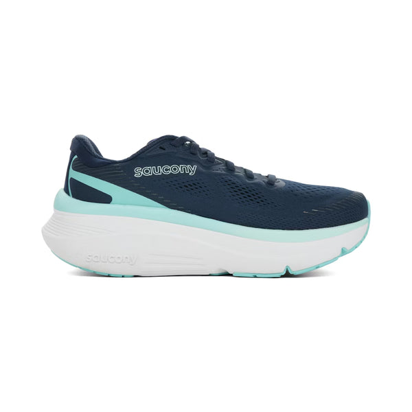 Saucony Guide 19 Dame i Navy/Aqua, en stabilitetsløbesko med en tyk hvid sål og lyseblå detaljer til overpronation, er vist fra siden mod en hvid baggrund.