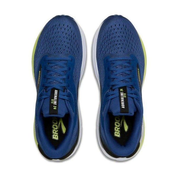 Et par Brooks Adrenaline GTS 24 herre løbesko i Navy Peony/Black/Acid Lime set ovenfra med overdel i mesh, grønne indlægssåler, BROOKS-mærke og hvide mellemsåler med en grøn gradient ved hælen.