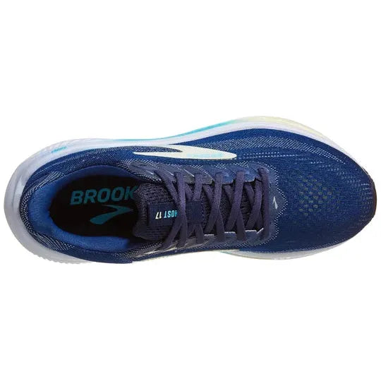 Et topbillede af Brooks Ghost 17 Dame løbesko i Navy/Green/Turquoise viser mørke snørebånd, meshstof på tåen, "BROOKS" på den sorte indersål og blød DNA LOFT v2-støddæmpning.