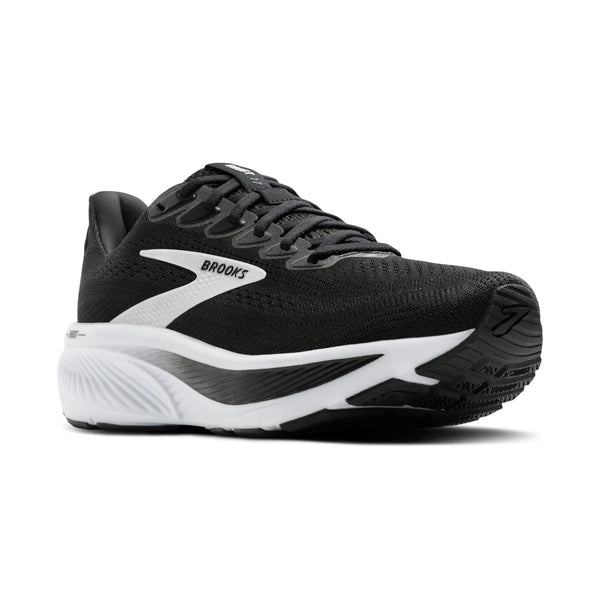 Brooks Ghost 17 Herre i Black/Grey/White har overdel i mesh, hvid mellemsål, sort ydersål og Brooks-logo på siden, som giver blød dæmpning. Vist fra en vinkel på forsiden mod en hvid baggrund.