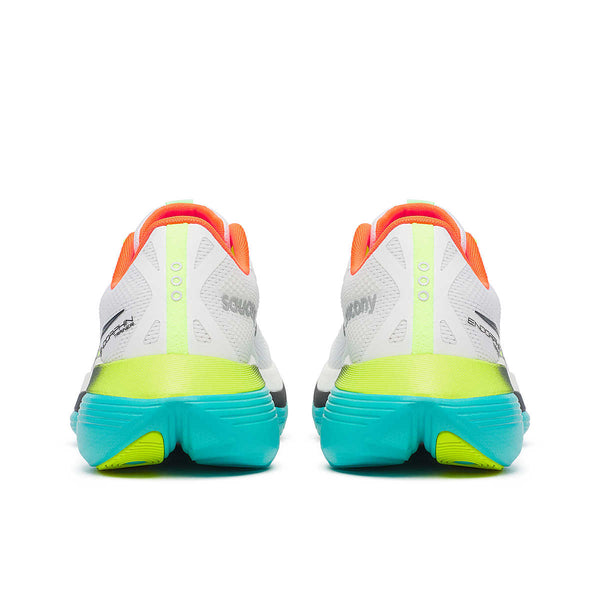 Saucony Endorphin Trainer Dame i White/Mutant har hvid overdel med grå detaljer, neongule og turkise såler og orange detaljer omkring hælen - her vist bagfra.