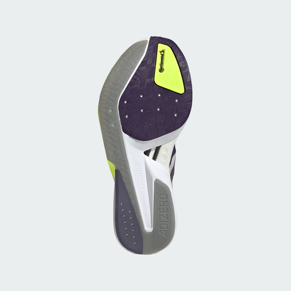 Sålen på Adidas Adizero Boston 13, Dame, Powplu/Aurplu/Previo har lilla, grå, hvid og neongul med forskellige teksturer. Synligt er "ADIZERO", et Continental-logo og en fremhævelse af Lightstrike Pro-teknologi.