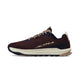Altra Lone Peak 9+ Dame i rødbrun har sorte og beige detaljer, en hvid sål og "ALTRA" trykt på siden. Skoen er vist fra venstre.