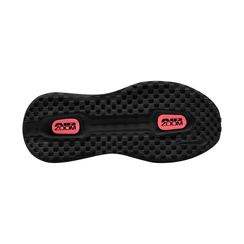 Billedet viser den sorte ydersål på Nike Vomero Premium løbesko til damer (Black/Sapphire-Hot Lava-Anthracite) med en struktureret slidbane og to røde AIR ZOOM-sektioner, der er konstrueret til forbedret greb og ydeevne.