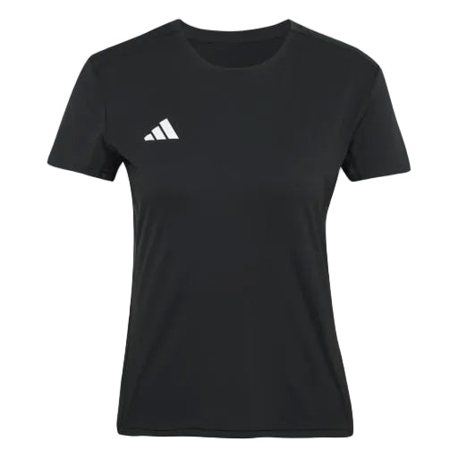 Adidas Adizero E Tee til kvinder i sort er en kortærmet løbetrøje med et lille hvidt adidas-logo øverst til venstre på brystet. Fremstillet af hurtigtørrende materiale for optimal ventilation, vist på en hvid baggrund.