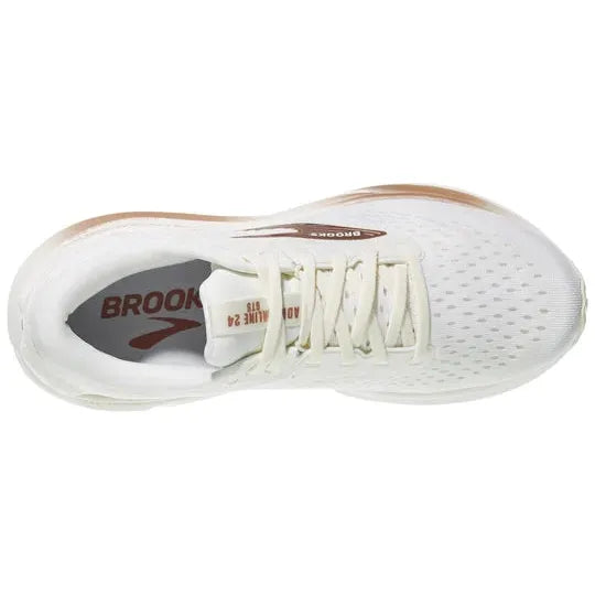 Topbillede af Brooks Adrenaline GTS 24 dame løbesko i Coconut/Rose Gold/White, med beige detaljer, perforeret mesh, hvide snørebånd og Brooks-logo på hæl og pløs - en stilfuld stabilitetssko designet til optimal støtte.