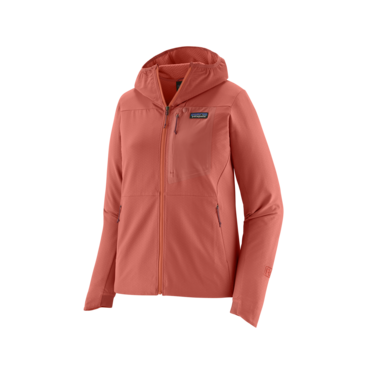 Patagonia R1 CrossStrata Hoody til kvinder i Potters Red har lange ærmer, to sidelommer og en brystlomme - vist på en hvid baggrund. Denne alsidige fleece er ideel til damer, der søger stil og ydeevne.
