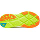 Billedet viser undersiden af løbeskoen Saucony Guide 18 Herre (Shadow/Vizi), som har en lysende neongrøn sål med orange og blå detaljer og geometrisk mønster. Saucony-mærket er præget på sålen.