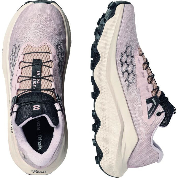 Et par Salomon Ultra Glide 4 Dame trailsko i Shadow Grey/Tapioca/Black med tykke strukturerede såler og mesh-overdel giver komfort og stabilitet til trailløb, vist fra oven og fra siden mod en hvid baggrund.