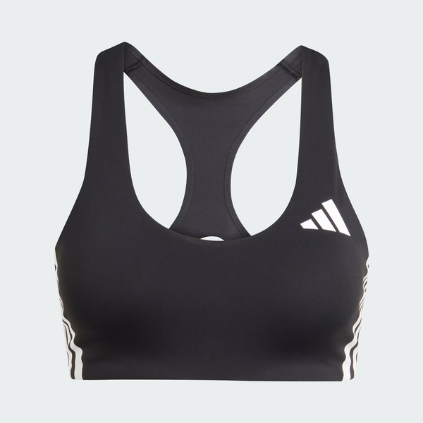 Adidas Adizero Medium Support Run Bra til kvinder i sort har racerback, hvide logoer og tre hvide sidestriber på en lys baggrund - perfekt til løb og alle dine behov for sportsbh.