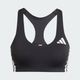 Adidas Adizero Medium Support Run Bra til kvinder i sort har racerback, hvide logoer og tre hvide sidestriber på en lys baggrund - perfekt til løb og alle dine behov for sportsbh.