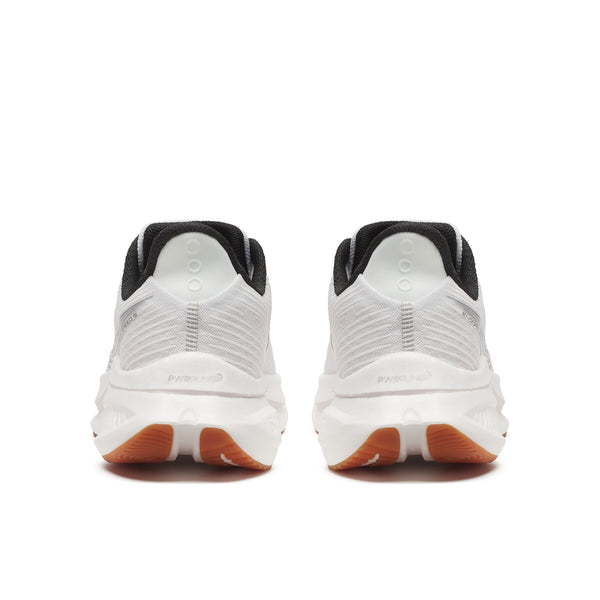 Et par Saucony Endorphin Speed 5 herre løbesko i White/Gum set bagfra, med orange og hvide såler, sort foring, diskret Saucony-branding og designet til tempo- og distancetræning.
