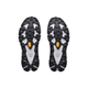 Et par Hoka Speedgoat 7 Dame-sko i farvekombinationen Frost / Neon Yuzu, der er vist med sålen opad, fremhæver deres sort-hvide mønster med iøjnefaldende gule og orange detaljer – perfekte til trail-løb eller dine yndlingsruter – på en ren, hvid baggrund.