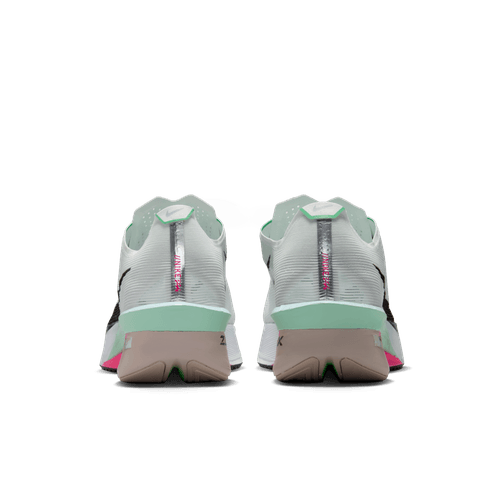 Bagside af Nike ZoomX Vaporfly Next% 4 til mænd i White/Black-Hyper Pink-Mint Foam, med reflekterende hælstribe, sort Swoosh, responsivt ZoomX-skum og innovativ carbonplade-teknologi.