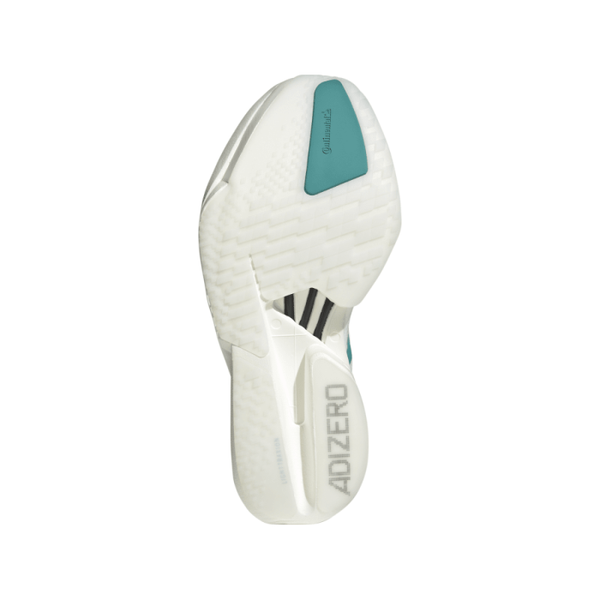 Billedet viser den hvide sål på Adidas Adizero Adios Pro 4 Dame løbesko i White/Pure Teal/Carbon, med sorte diagonale linjer, en turkis CONTINENTAL-sektion, ADIZERO nær hælen og en Lightstrike Pro-mellemsål.