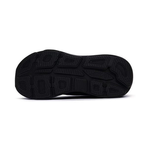 En sort gummisål med struktureret geometrisk profil giver maksimal komfort - ideel til løbesko til herrer som Hoka Bondi 9, Herre, Black/Black.