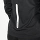 Et nærbillede af bagsiden af Hydro-Tech Running Jacket, Dame, Black by Liiteguard viser en lodret, hvid refleksstribe med "liteGuard" trykt nær bunden.