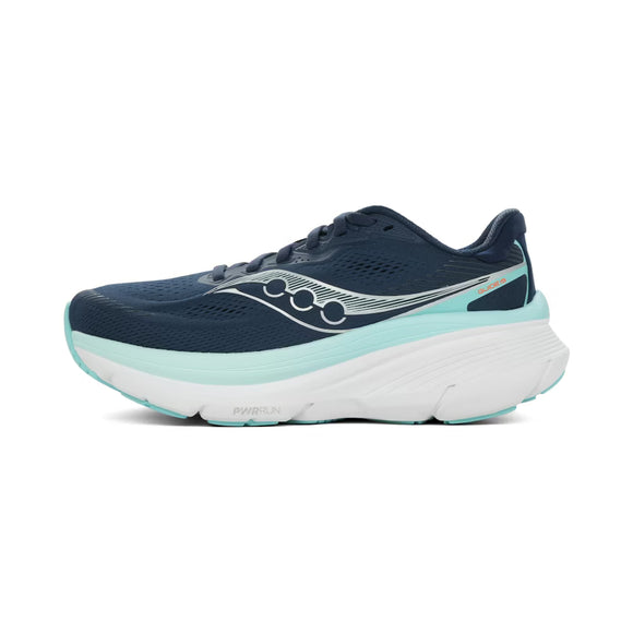 Saucony Guide 19 Dame i Navy/Aqua har en tyk hvid og lyseblå sål, sølvfarvede bølgedetaljer og en overdel i åndbart mesh, der giver ideel støtte til overpronation.